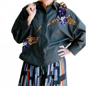 NEW PSOPHIA sequin detail button down shirt in caviar